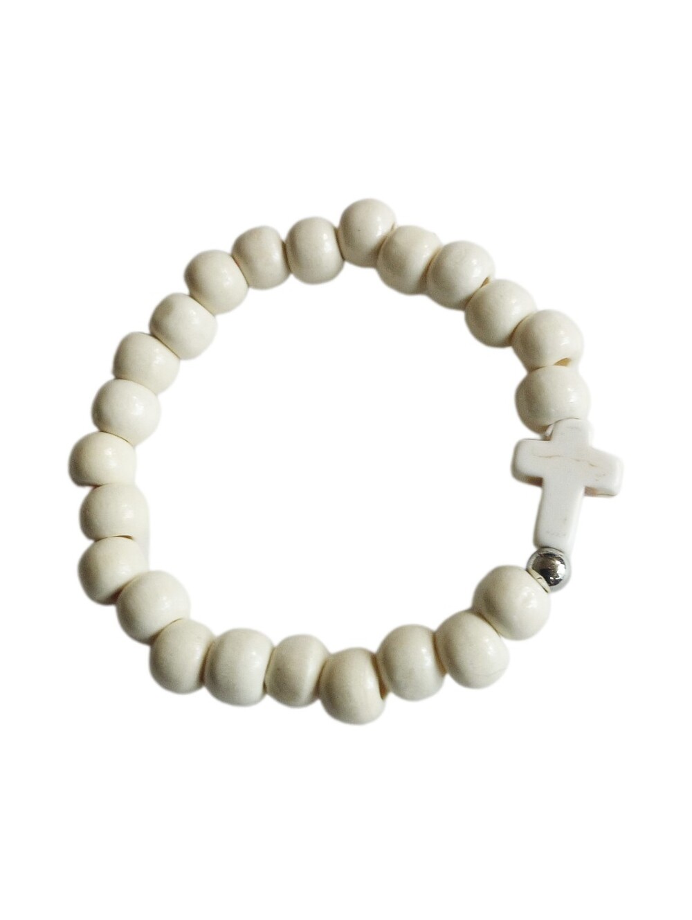 Wood Bead Stretch Bracelet with Cross - White NWOT